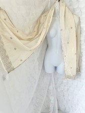 Vintage 60s 100 SILK Ivory rectangular head scarf Gold Thread HAND WOVEN