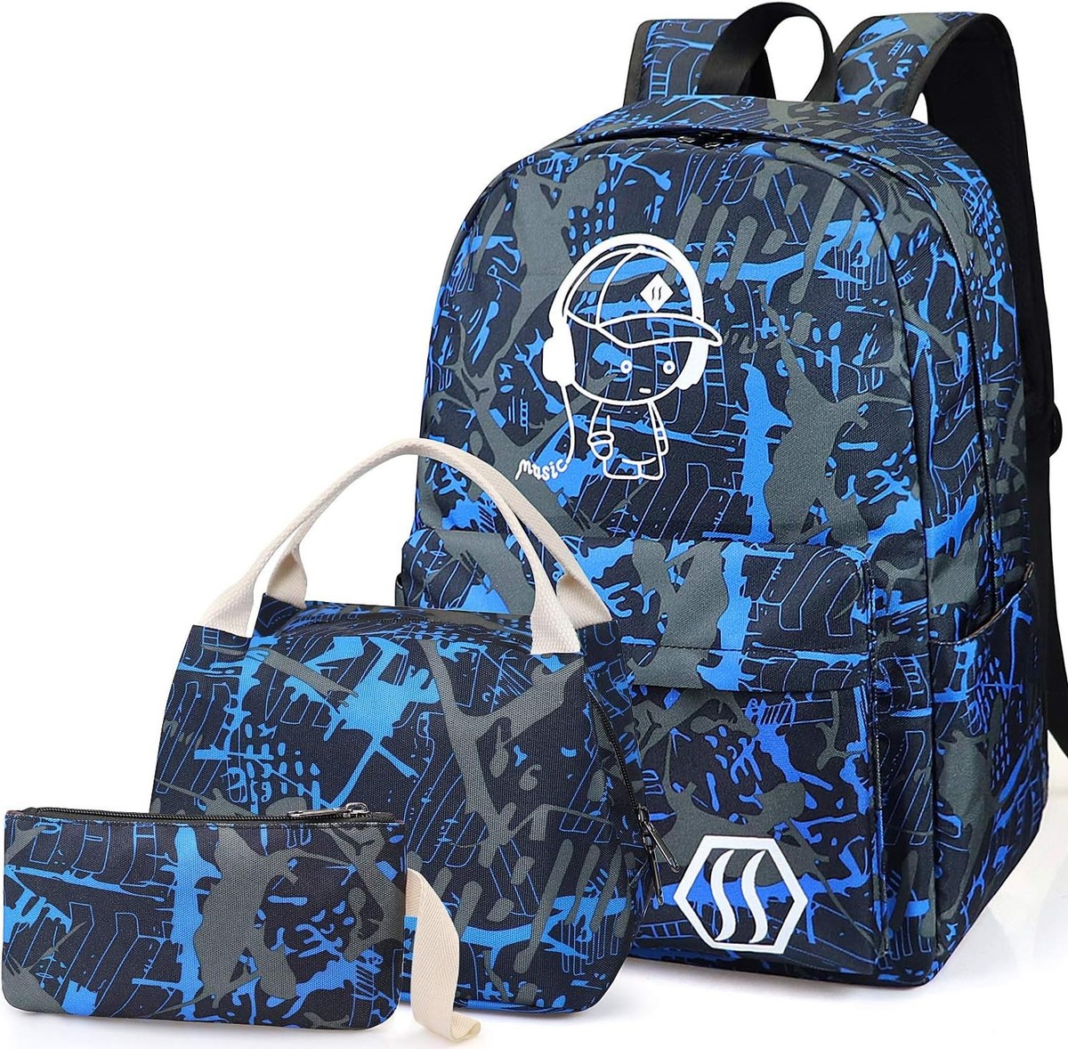 Pawsky Kids School Backpack Set - With Lunch Bag & Pencil Case, Fits 15" Laptop, Durable Canvas
