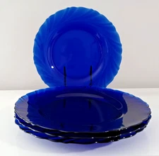 4 pcs Bormioli Rocco Duralex Cobalt Blue Glass Swirl Dinner Plates 9" FRANCE