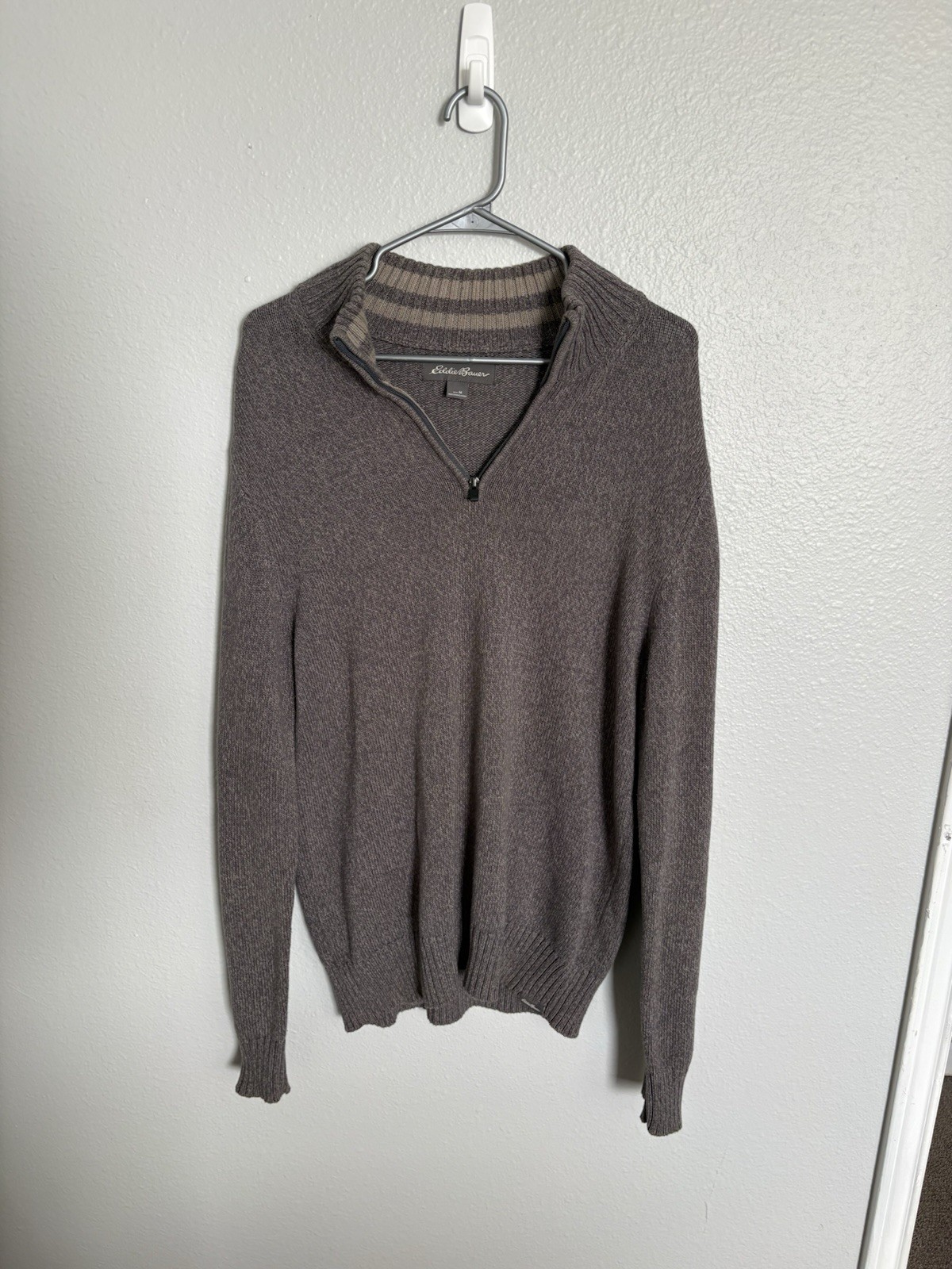 Eddie Bauer Men's Knit Gray 1/4 Zip Mock Neck Pullover Sweater Long Sleeve M
