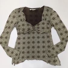 Max Studio Green Brown Retro Floral Long Sleeve Top - Women's Small 70s Hippie