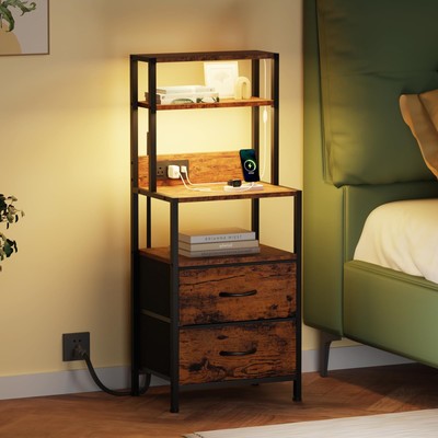 Night Stand, Tall Nightstand with 4-Tier Shelves, 2 Fabric Drawers and Light ...