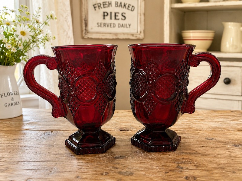 AVON 1876 CAPE COD RUBY RED SET of 5" FOOTED  COFFEE CUP  MUGS VINTAGE 