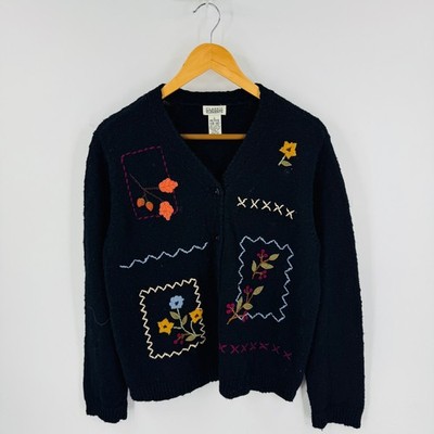 Classic Elements Black Petite Embroidered Patchwork Cardigan Sweater L 14-16