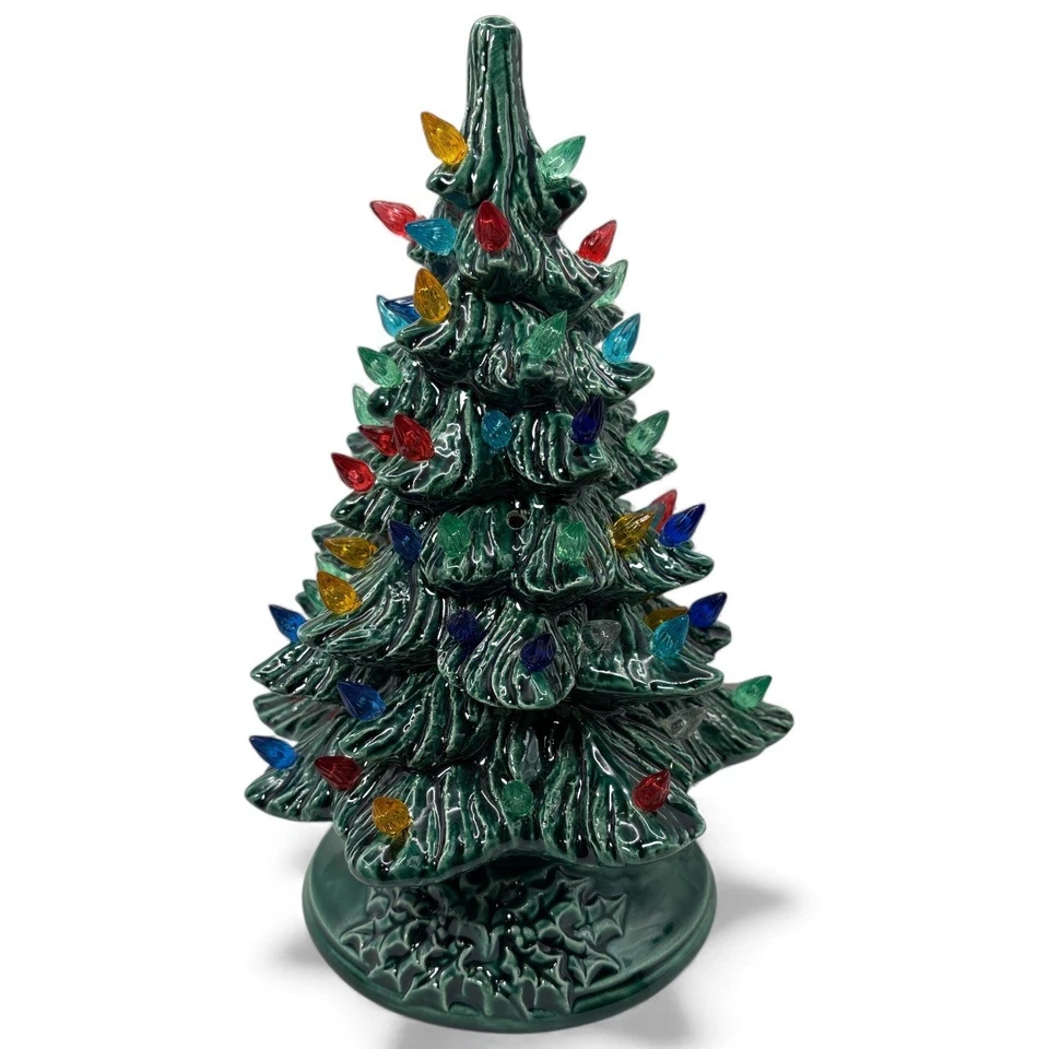 Vintage Ceramic Christmas Tree Light Up Green Glaze Multicolor MCM READ - Image 4 of 4