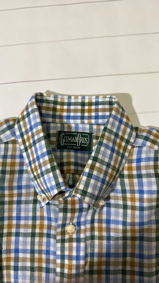 Gitman Brothers mens L Large tan green blue check linen blend oxford shirt EUC - Image 2 of 4