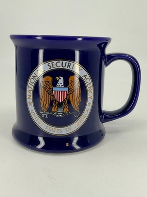 NSA National Security Agency Coffee Mug Blue Eagle Key Shield Crest Wide Rim Vtg