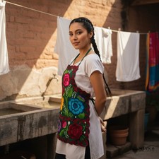 Mexican Embroidered Bib Apron for Women Multicolor with Floral Design