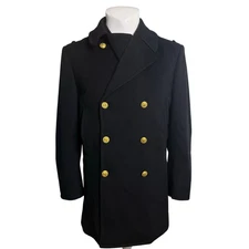 Vintage US Navy Pea Coat Men's Est. Medium Blue Gold Buttons 100% Kersey Wool 