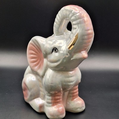 Vintage Hand Painted Ceramic Baby Elephant Grey Pink w/ Golden Tusks 7x6''