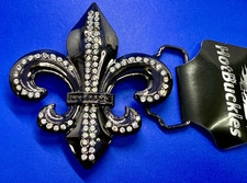Fleur De Lis Raised Figural Saints Symbol Fun Buckles Jeweled Black Belt Buckle