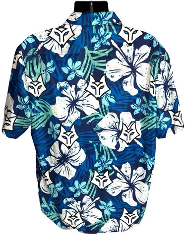 Hidden Crypto Fox Hawaiian Floral Blue White Polyester Button Down Shirt Mens XL - Picture 3 of 7