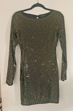 GUESS Black Long Sleeve Open Back Mini Bodycon Dress Gold Sequins XS