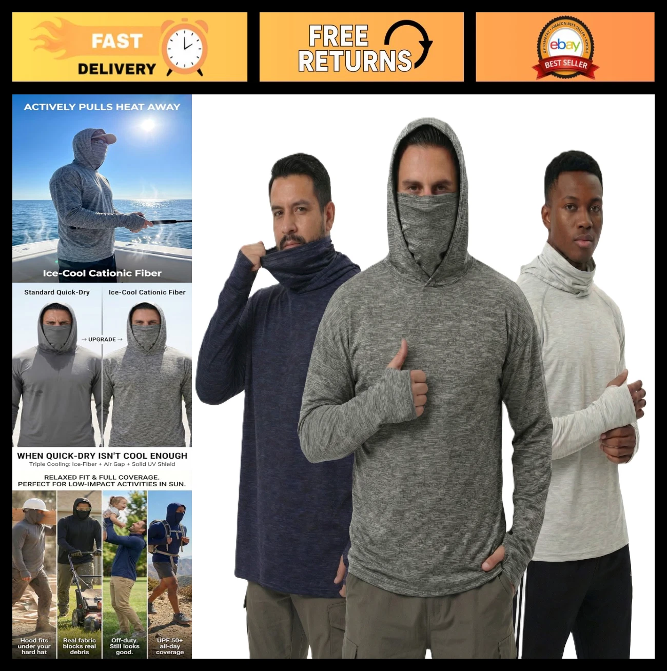 Men's Sun Hoodie with Mask - Quick Dry Long Sleeve Fishing Shirt, Outdoor Tactic