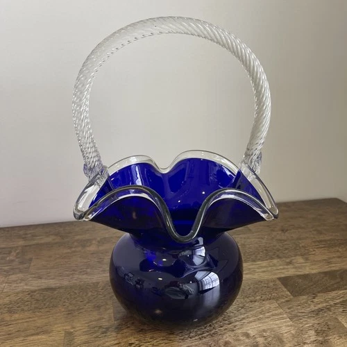 Vintage Cobalt Blue Art Glass Basket Twisted Clear Handle Murano Style