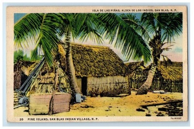 c1930's Pine Islands Hut San Blas Indian Village R. P. Panama Vintage Postcard