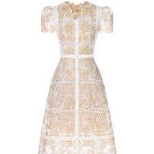 Spring Women Elegant Lace 3D Flower Dress Crewneck Puffed Sleeves A-line Skirt