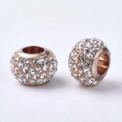 100pcs Light Rose Color Pave Clay Beads Rhinestone Large Hole European Charms Beads Fit Bracelet Jewelry Making Grey