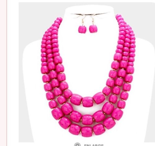 Ensemble collier long multicouche perle fuchsia magenta rose volumineux - Photo 1 sur 2