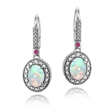 925 Silver Diamond Accent Lab Created White Opal & Pink Sapphire Oval Earrings