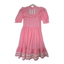 Vintage Mini World Pink Dress Puff Sleeves Ruffles Lace Size 12 *READ*