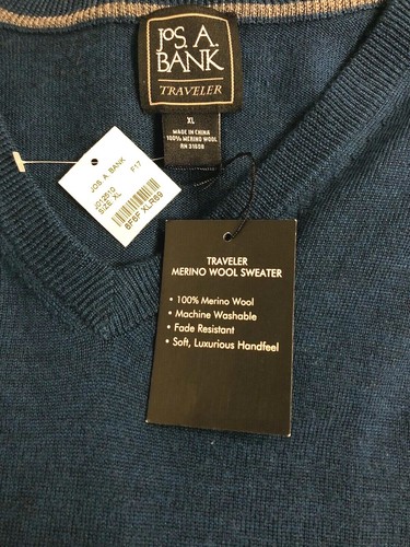 SUÉTER DE PUNTO FINO JOS A BANK TRAVELER LANA CUELLO EN V AZUL AZULADO OSCURO NUEVO CON ETIQUETAS XL - Imagen 2 de 8