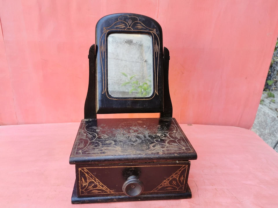 ANTIGUO ARMARIO DE MADERA PRIMITIVO HECHO A MANO ESPEJO INODORO ARMARIO maquillaje Foto 2 de 4