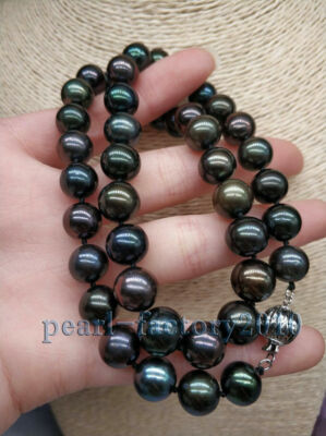 9-10 MM SOUTH SEA GENUINE BLACK BLUE PEARL NECKLACE White Gold AAAA
