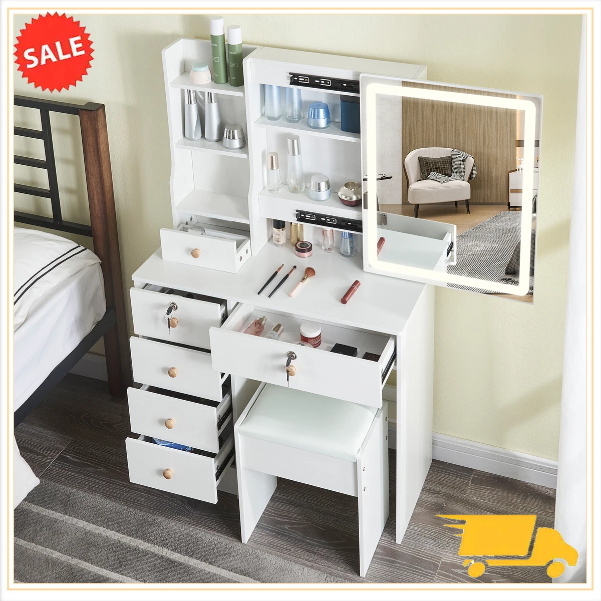 Vanity desk with mirror and lights near me deals