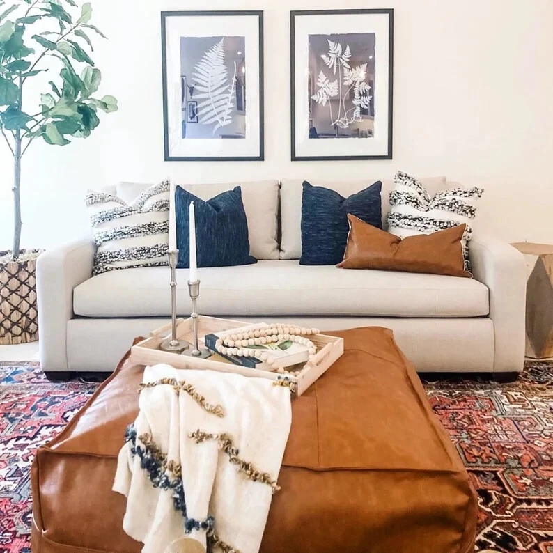 Leather Footrest Square 30''Handcrafted Leather Moroccan Ottoman Pouffe Unstuffe - Image 2 of 3