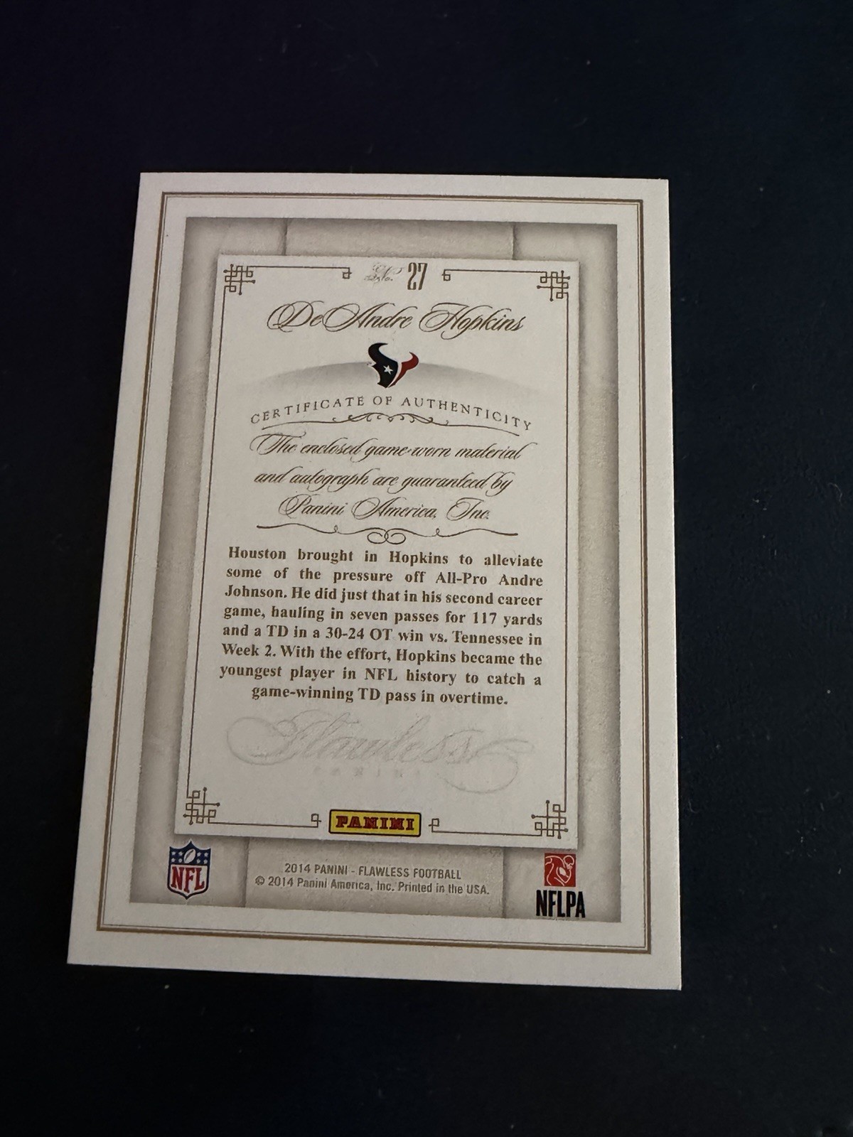 2014 Panini Flawless - Game Used Patch Auto DeAndre Hopkins #27 Ruby /15 view 2