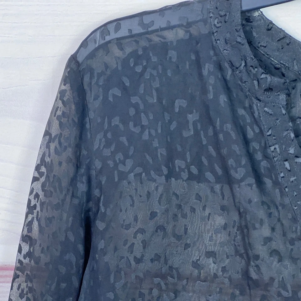 Theory Top Womens M Black Leopard Burnout Blouse Silk Blend Sheer Long Sleeve - Image 3 of 4