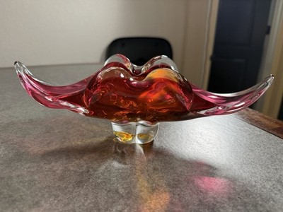 Vintage Bohemia Czechoslavakia Art Glass Centerpiece Bowl Amber Ruby Red 