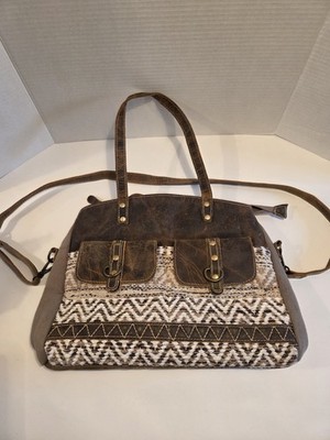 Myra Leather And Woven Cross Body & Shoulder Tan Brown Cream Bag