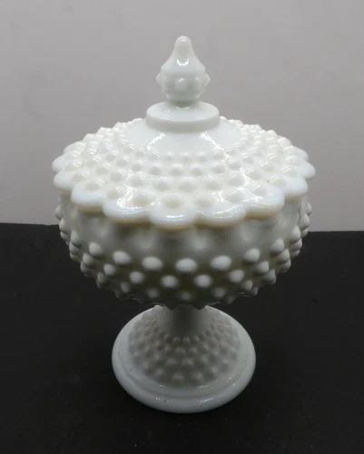 Vintage Fenton Art Glass Milk Glass Hobnail Pattern Footed Candy Dish W/Lid