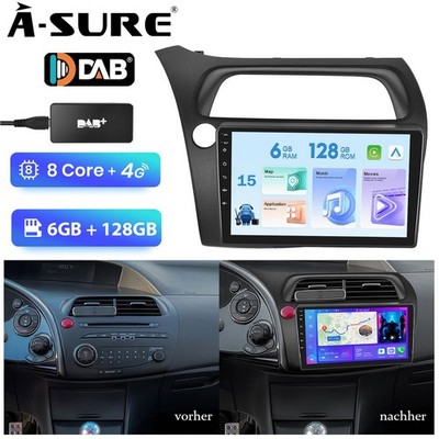 DAB+ 6+128GB Android 15 Autoradio Carplay RDS GPS Navi Für Honda Civic 2006-2011