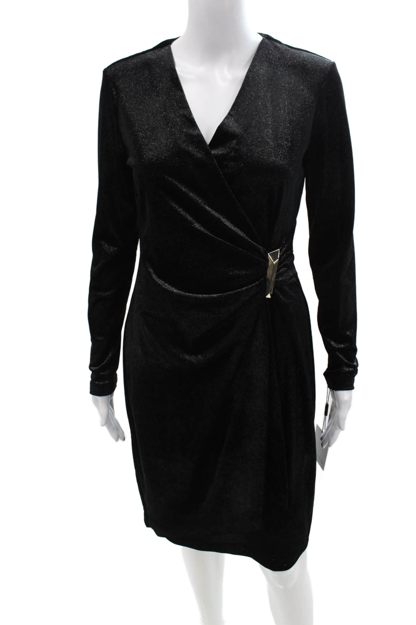 Calvin Klein Women Sheath Wrap Black V-Neck Long Sleeve Dress Size 6