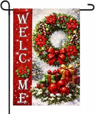 Christmas Decorations - Xmas Wreath Welcome Garden Flag  12 x 18 inches, Red