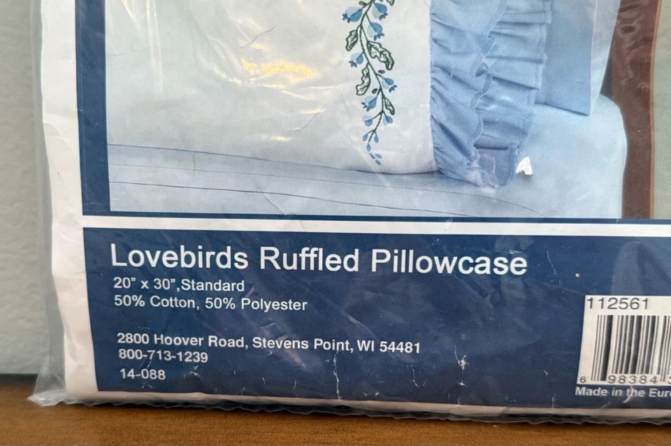 Herrschners Lovebirds Ruffled Standard Pillowcase 20”x30” Stamped Cross Stitch - Image 2 of 4