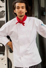 White Chef Coat, Long Sleeve, 8 Plastic Buttons. Size: 2XL 