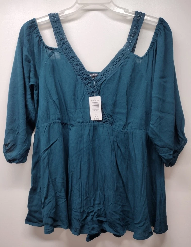 NUEVA Túnica Cami Babydoll Hombro Frío Tórrido Plus 1X Verde Azulado Rayón L/S Borde de Encaje