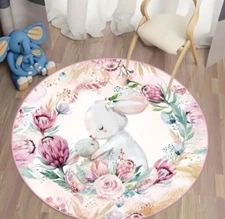 Rug for Nursery or Childs Room Rabbit Design Soft Print Nonslip 31.4 in Round