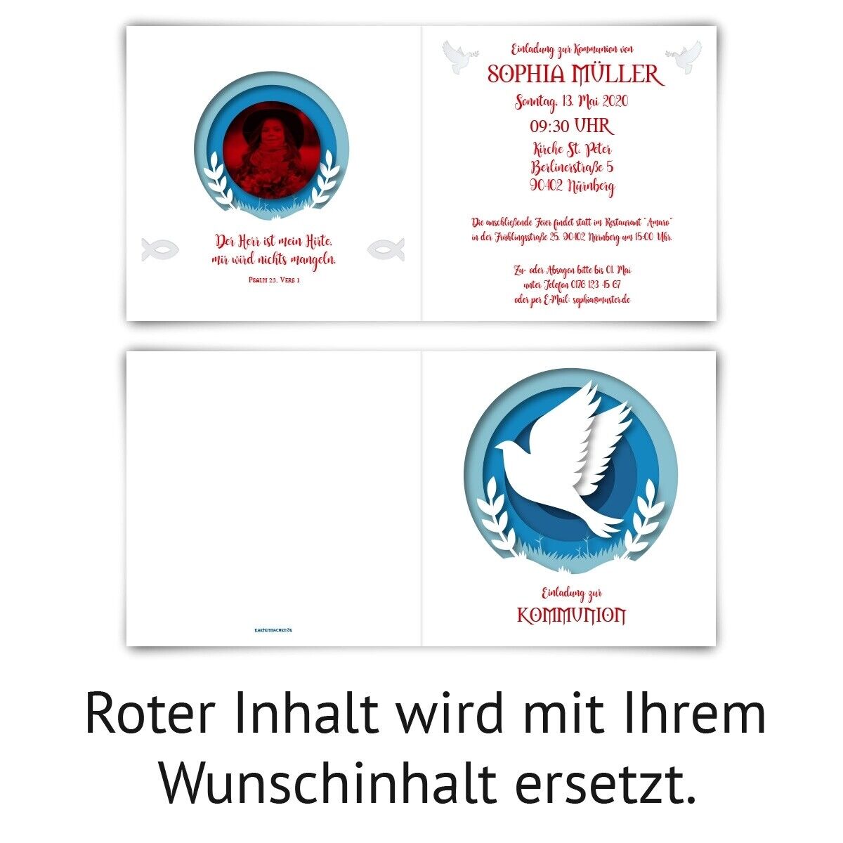 Kommunion Einladungskarten individuelle Foto Klappkarten - Papier-Taube