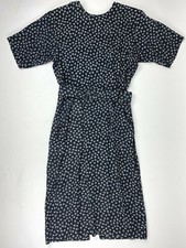 Vtg Dawn Joy Black Floral Sz 4/6 Back Buttons Midi Dress Slit Belted Cottagecore