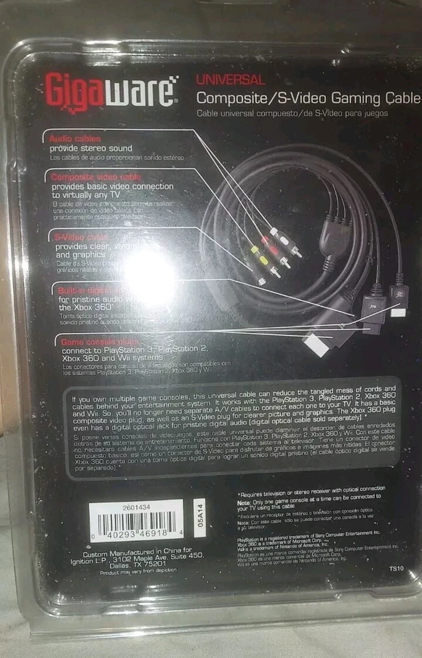 Gigaware Universal Composite/ S-Video Gaming Cable PS3 PS2 Xbox 360 Wii New - Image 3 of 4