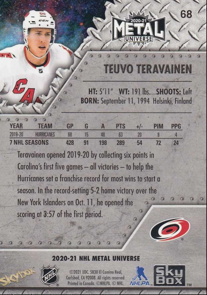 2020-21 Skybox Metal Universe Hockey Teuvo Teravainen Carolina Hurricanes #68 - Image 2 of 2