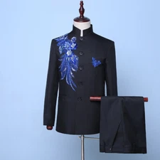 Stand Collar Zhongshan Suit Dress Men's Stage Performance Costume Music Set 2pcs