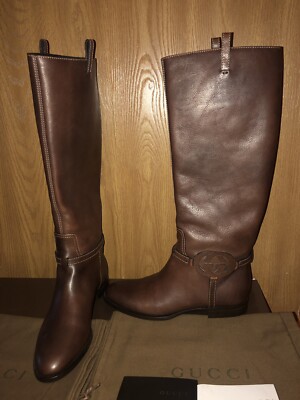 NIB GUCCI Women's Interlocking GG Brown Cocoa Leather Boots Sz. 8B
