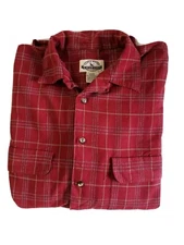 Eddie Bauer Legends Cotton Plaid Button front Shirt Red Tan Men's size LARGE 