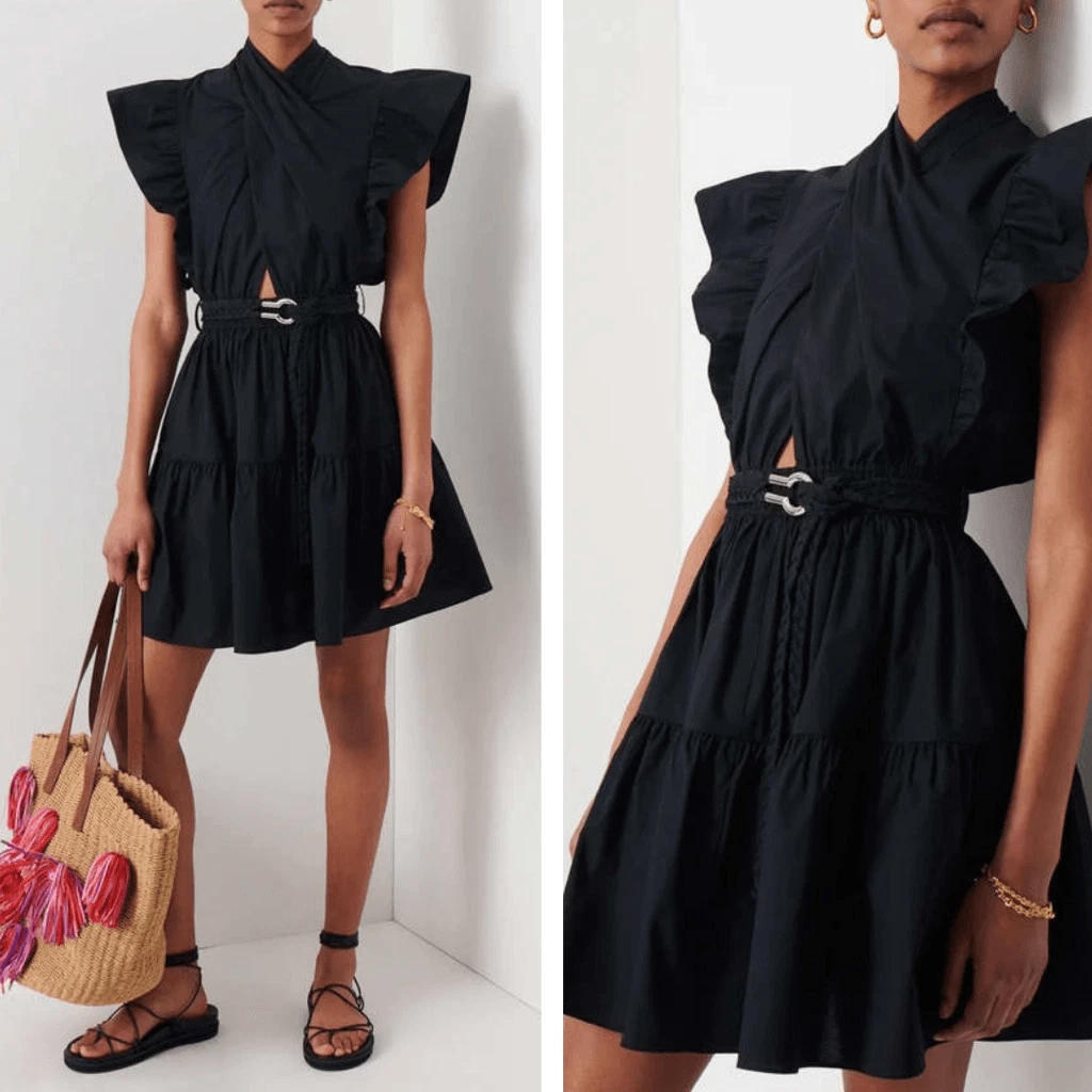 Derek Lam 10 Crosby Dress Finn Ruffle Belted Mini Dress Black Size 2